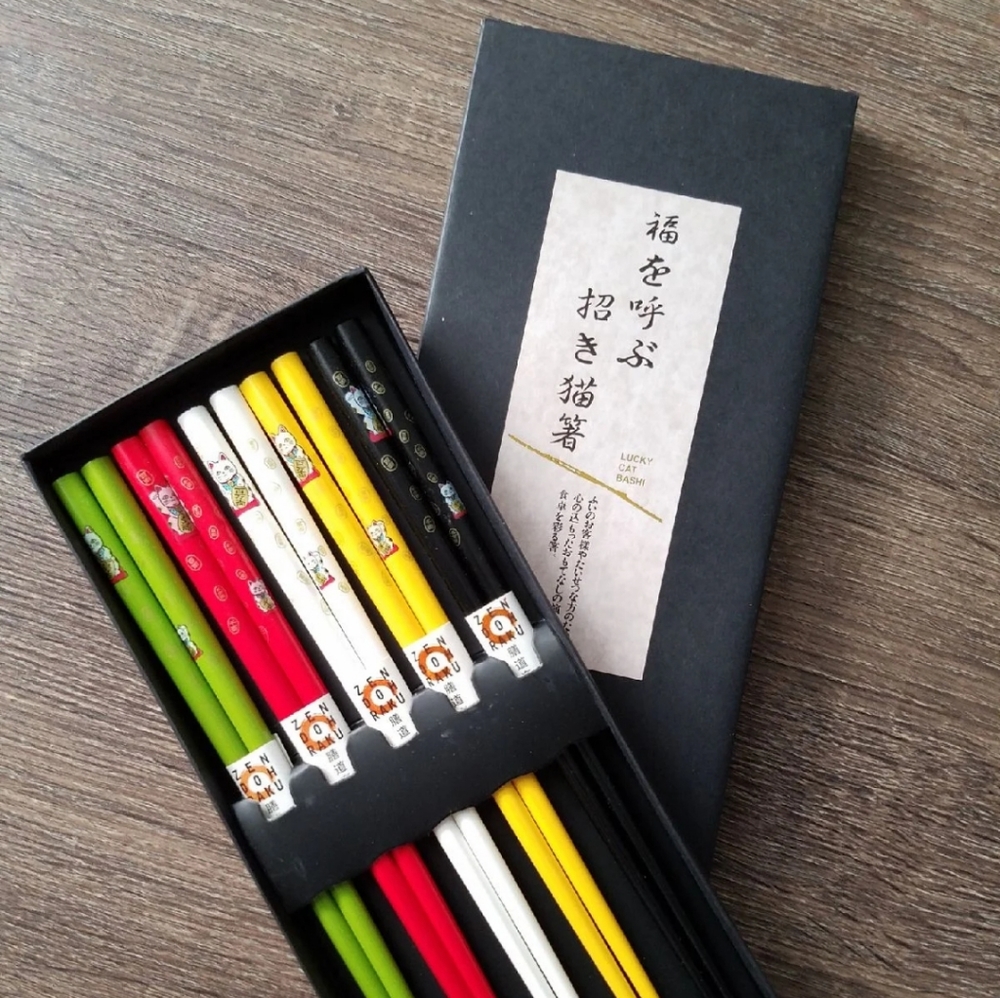 Zen Doh Raku Lucky Cat Bashi 5 set chopsticks